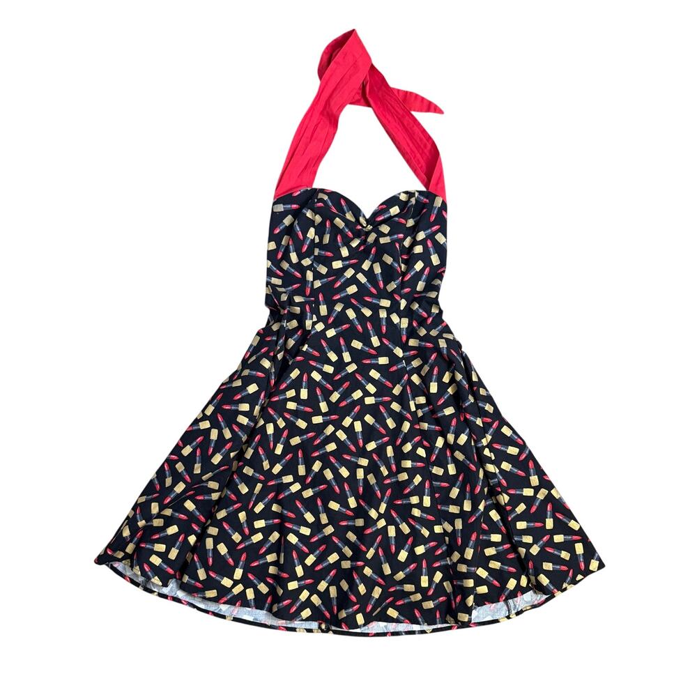 Dolls & Dames Retro Halter Swing Dress Lipstick 100% Cotton USA Made Black Small
